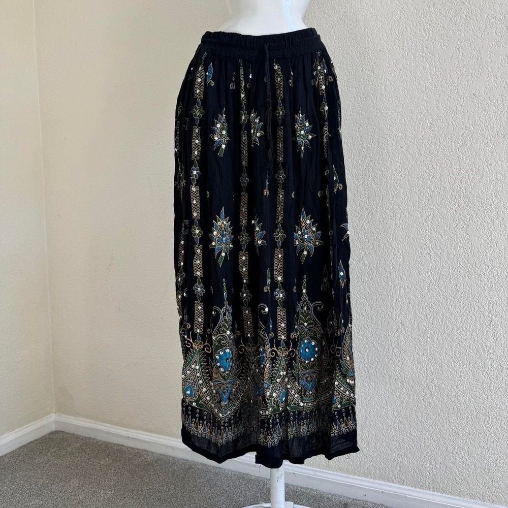 Neha black floral embroidered midi skirt